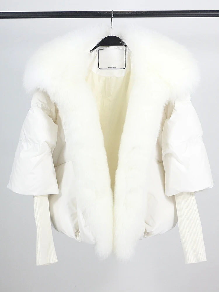 OFTUBY 2023 White Duck Down Jacket Winter Women Warm Loose Coat Natural Real Fox Fur Collar Thick Luxury Outerwear New Fashion