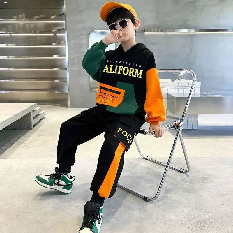 Boys Hooded Sweatshirt Sets Autumn Sport Casual Suits Teen Pullover+Pants 2Pcs Spring Kids Tracksuit Outfits Children Clothes