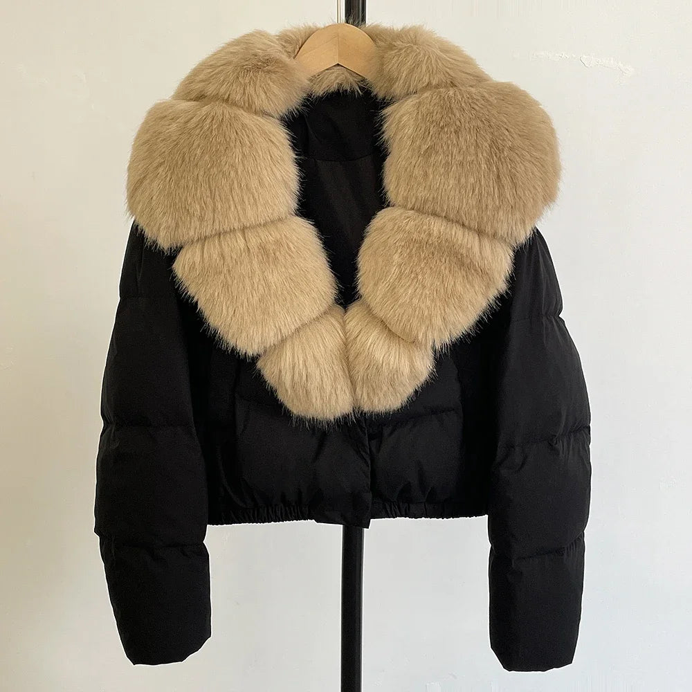 Faux Fur Collar Puffer Jacket Fashion Fake Fur Women Fur Coat Eco-friendly Winter Short White Duck Down Jacket Warm Clothing