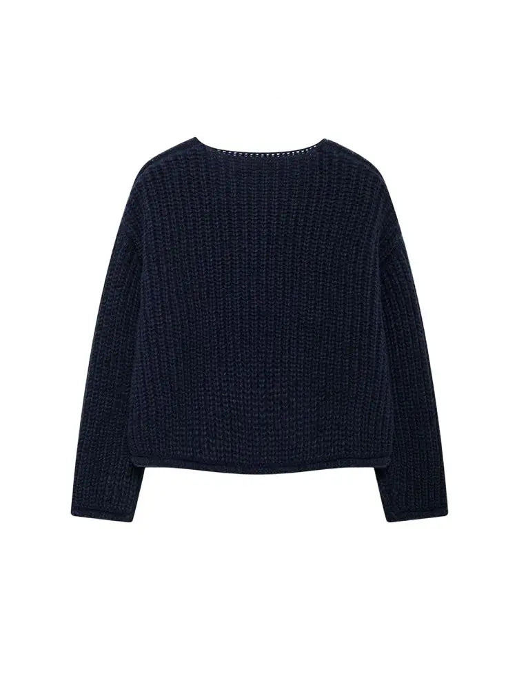 TRZA-Women's Long Sleeve Knit Cardigan Sweater, Gold Buttons, Front Patch Pockets, O Neck, Female Outerwear, Chic Tops, Fashion