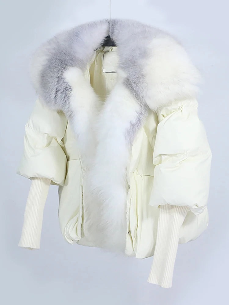 OFTUBY 2023 White Duck Down Jacket Winter Women Warm Loose Coat Natural Real Fox Fur Collar Thick Luxury Outerwear New Fashion