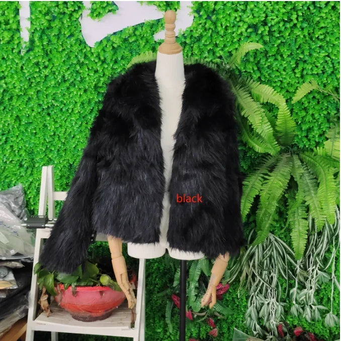 HH Winter Female Street Fashion Warm Coats Long Sleeves Hidden Buttons Lapel Plush Casual Artificial Fur Effect Retro Coat