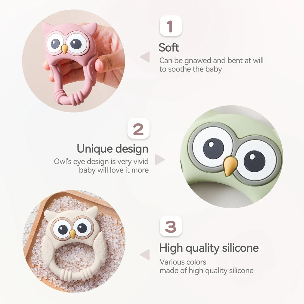 1pc Silicone Teether Baby 0-12 Toys Owl Silicone Cartoon Teether Food Grade Teething Toys for Toddlers Rattle Sensory Toys Gifts