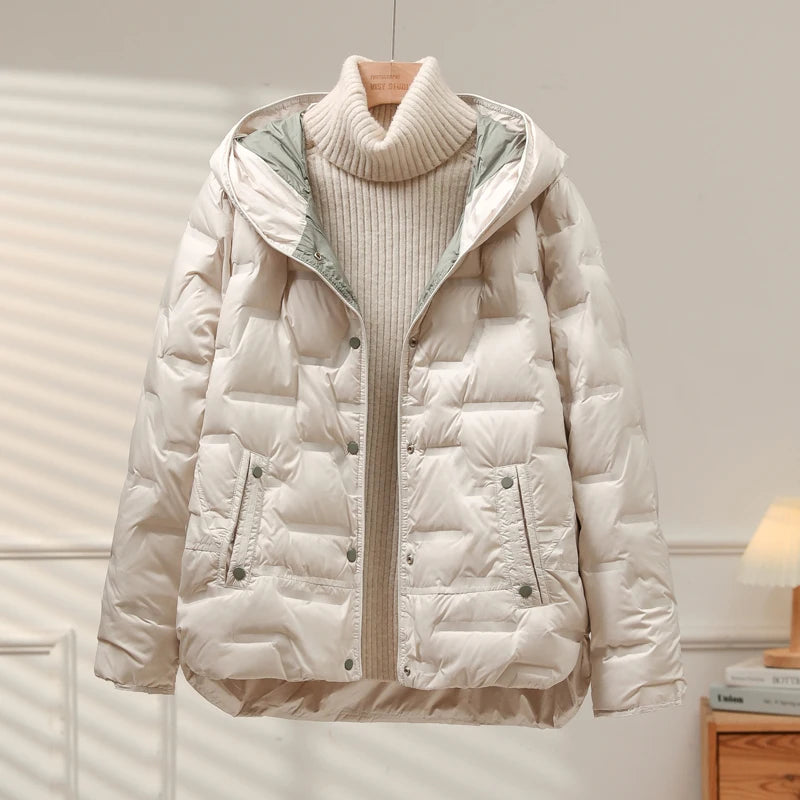 Lagabogy 2025 Autumn Winter Women White Duck Down Coat Casual Single Breasted Hooded Jacket Female Light Puffer Parka Outwear