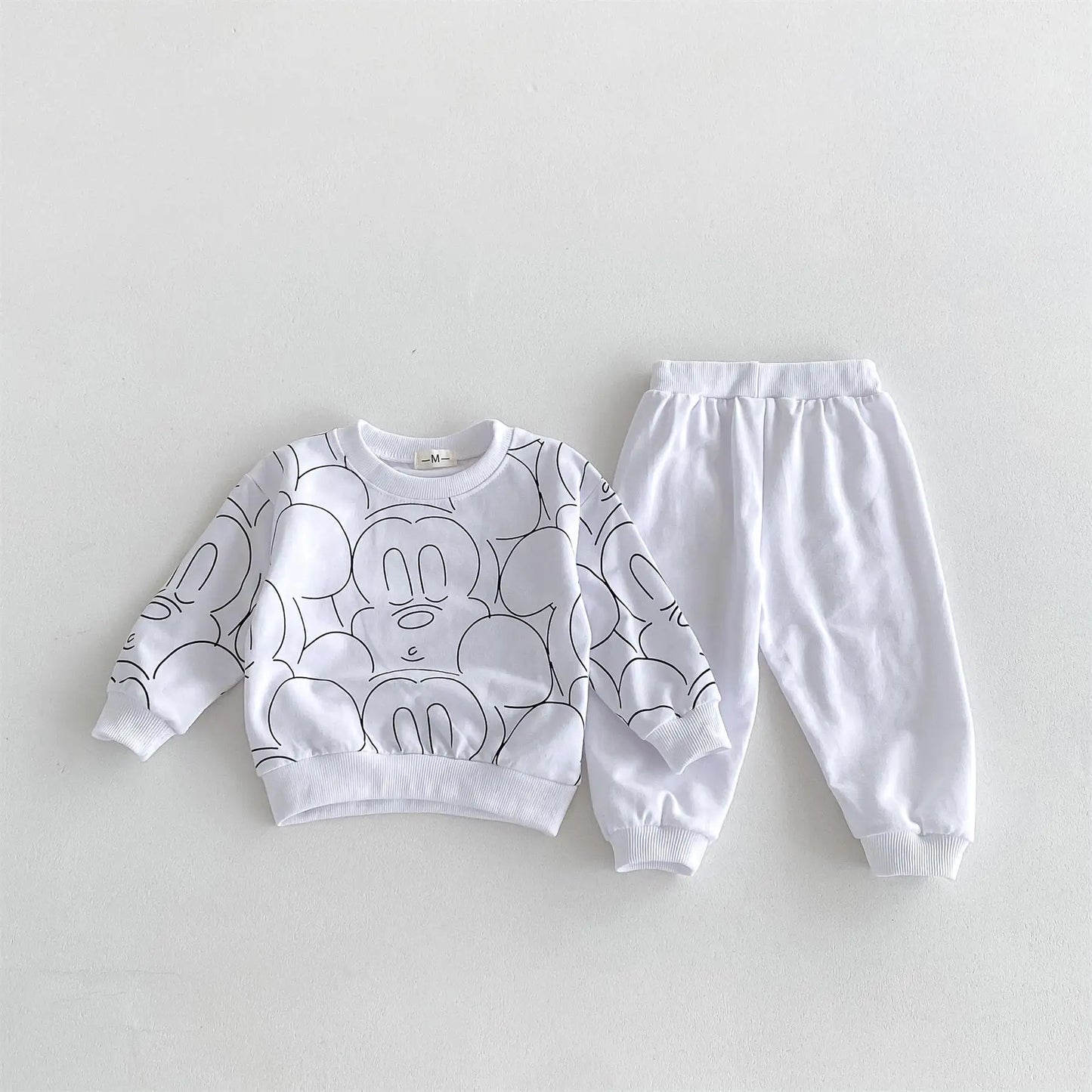 0-3Age Child Clothing Full Print Sweatshirts Solid Color Pants New Cartoon Hoodie All-match Pants Outer Wear Kids Two Piece Set