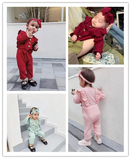 Newborn Baby Girl Romper Long Sleeved Ruffle Bodysuit with Headband Autumn & Winter Onesie Outfit Clothing for Baby 0-18 Months