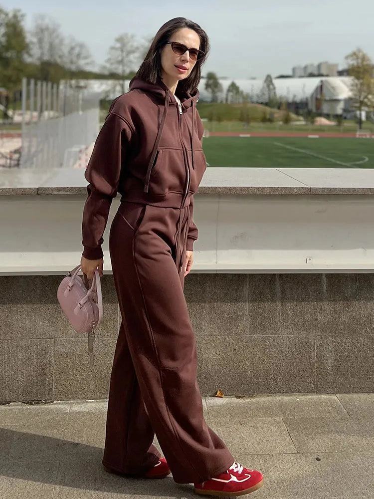Women Tracksuits Winter Fleece Sweatsuit Brown Warm Crop Zipper Hoodies And Sweatpants Set For Women 2 Piece Velvet Pants Sets