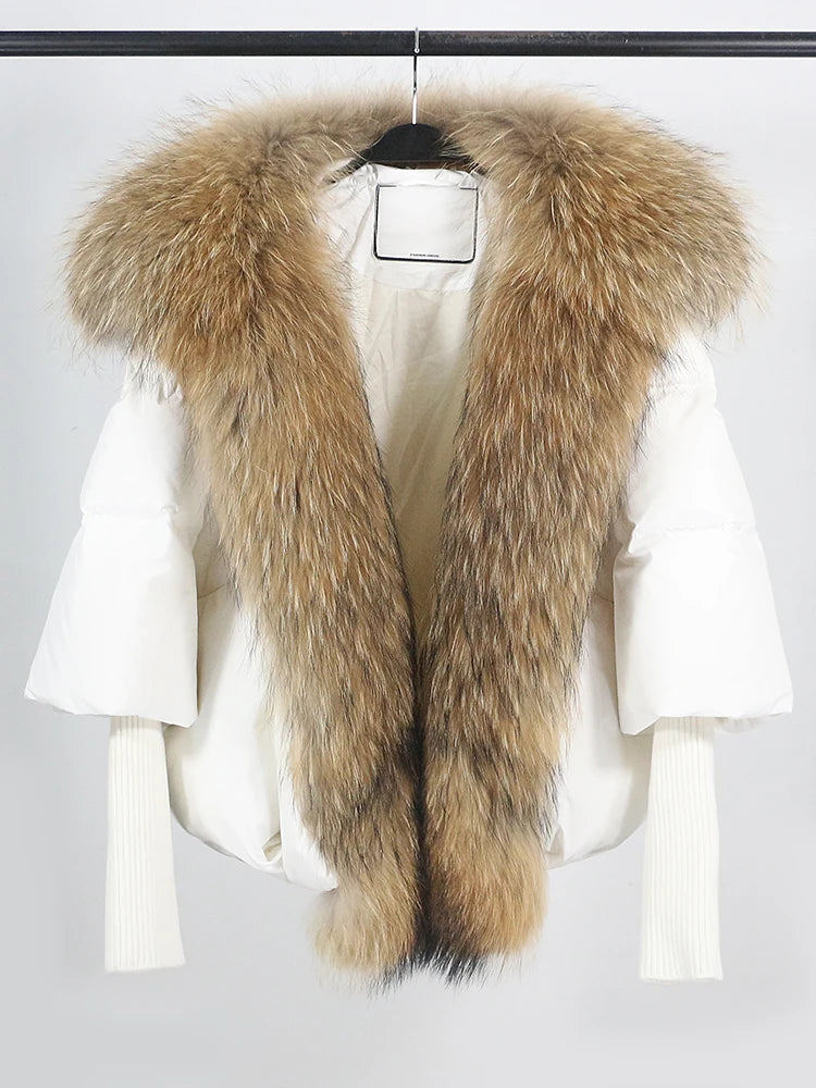 OFTUBY 2023 White Duck Down Jacket Winter Women Warm Loose Coat Natural Real Fox Fur Collar Thick Luxury Outerwear New Fashion