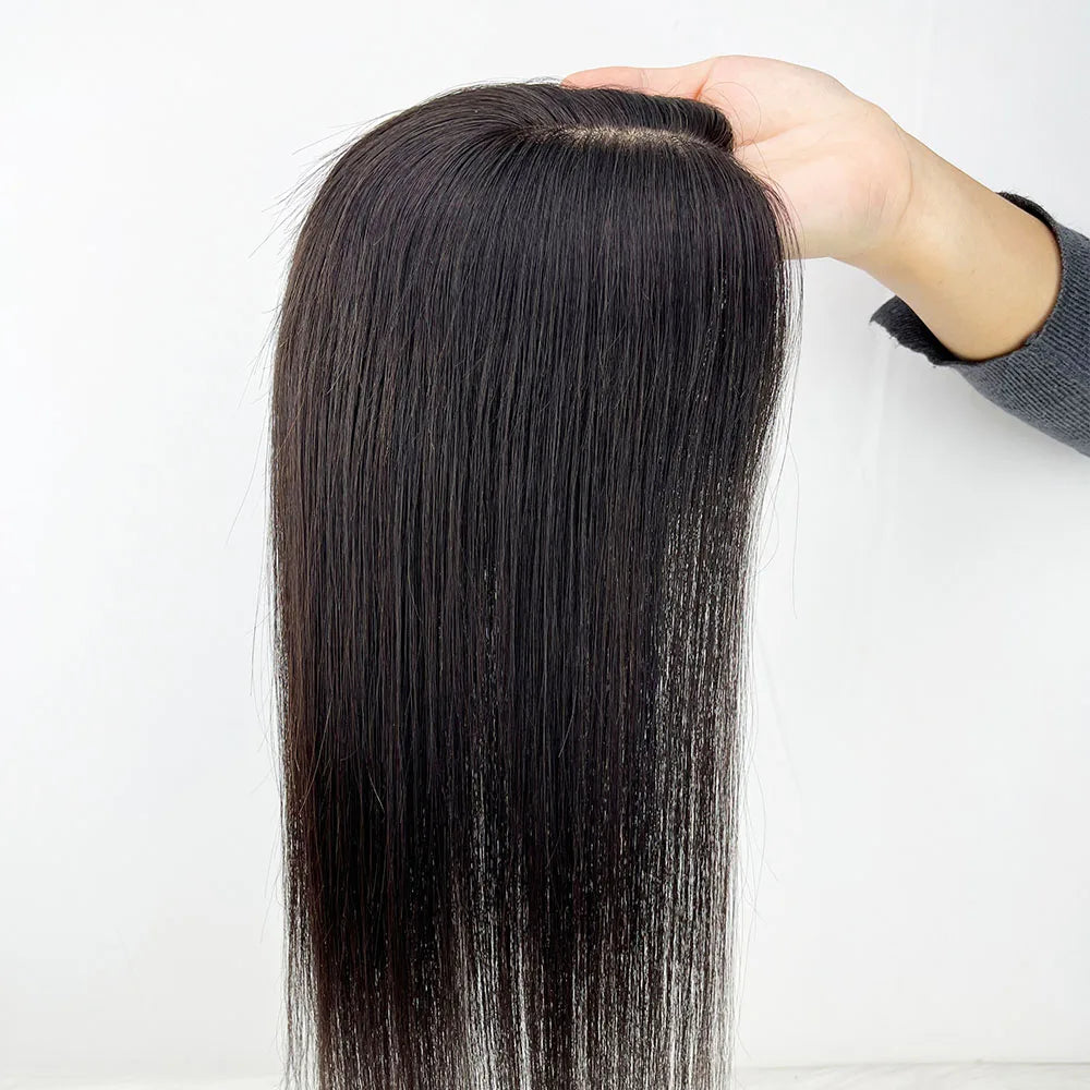 Human Hair Topper Silk Top Remy European Hair Straight Silk Base Full Hand tied Soft Breathable Hair Piece Clips for Women