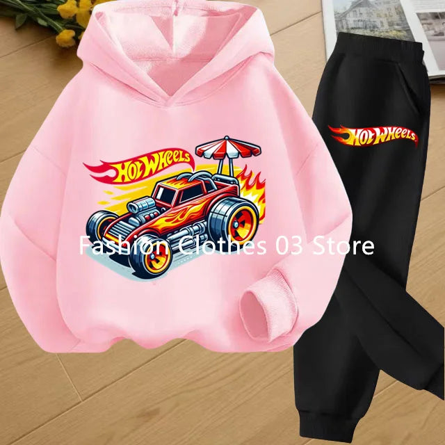 Fashion Sweatshirt Casual Sportswear Kids Clothing Hot Wheels Car Game Printed Hoodie Coat 3-12 Yrs Boys Girls Toddler Top+pants