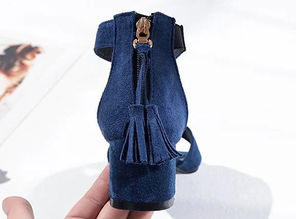 Heeled Pumps Square Heels Summer 2025 Leather Sandals for Women Footwear Office Work High Ladies Shoes Blue Sandal Designer H F