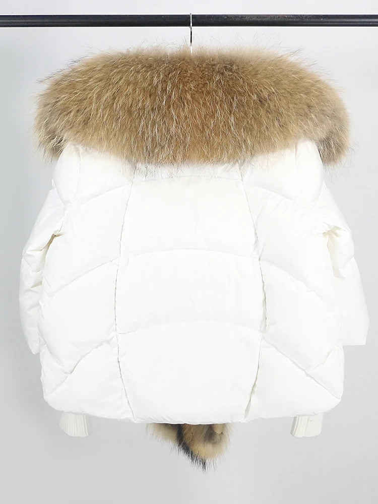 OFTUBY 2023 White Duck Down Jacket Winter Women Warm Loose Coat Natural Real Fox Fur Collar Thick Luxury Outerwear New Fashion