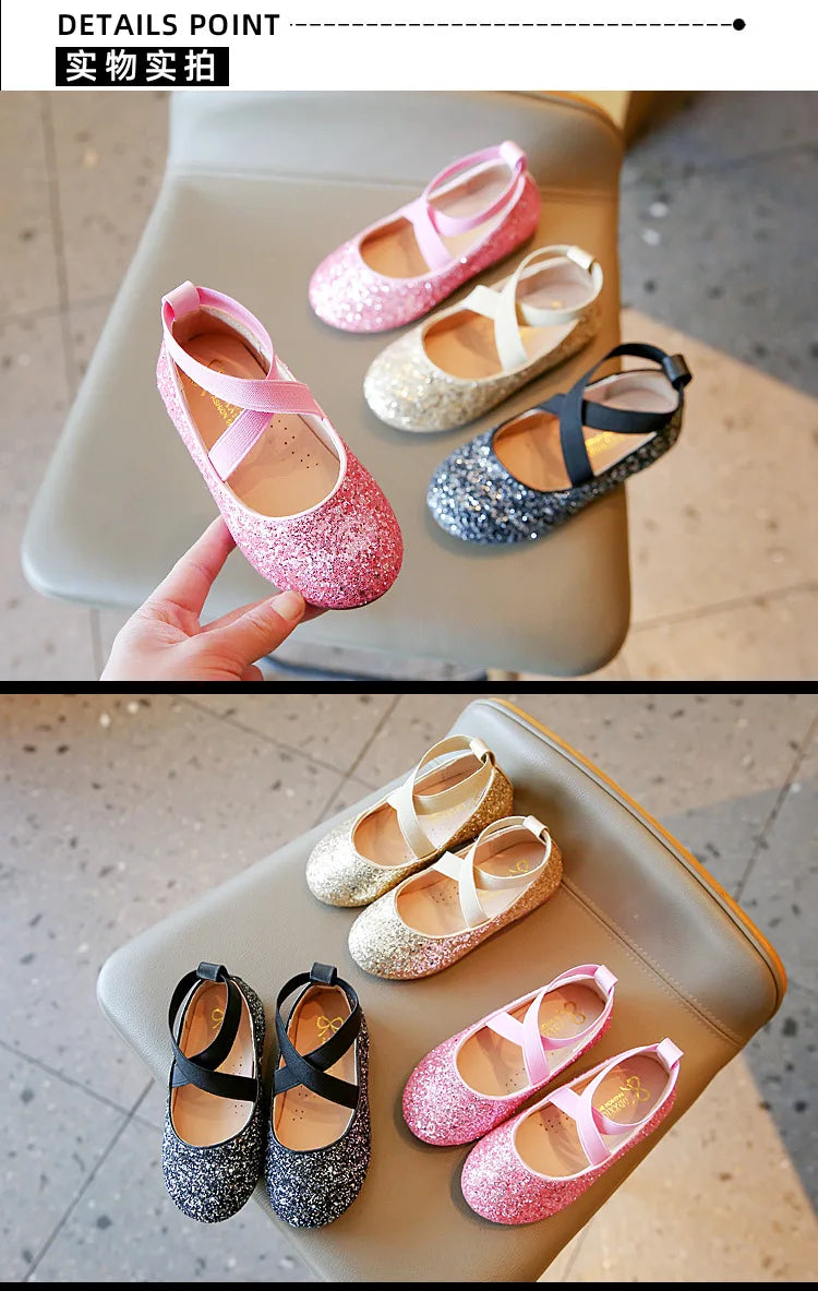 Princess Glitter Leather Girls Shoes Soft Comfortable Shiny Sequined Kids Shoes Sweet Wedding Dress Party Flats Mary Jane Shoes