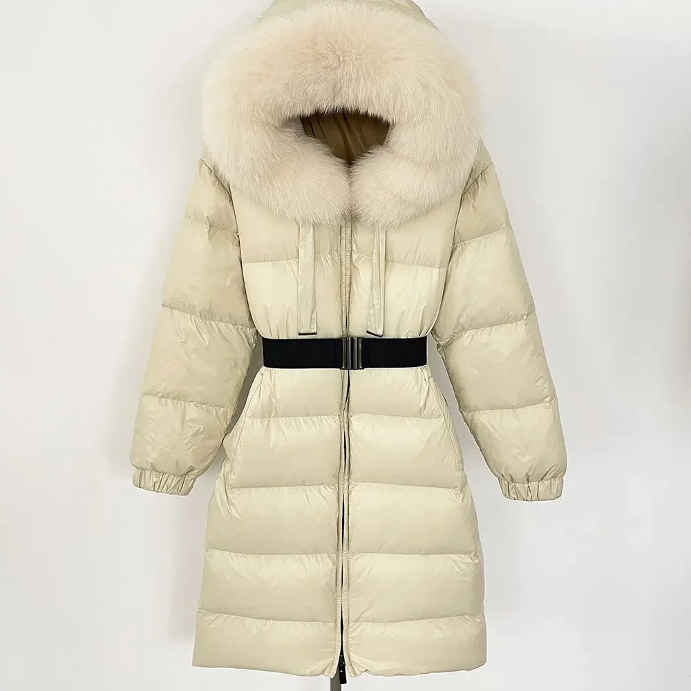 New Winter 2024 Warm 90 White Duck Down Coat Female Cold Lady Real Fur Coat Women Hooded Long Natural Fox Fur Puffer Jacket