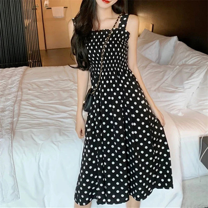 robe femme Summer Polka Dot Womens Dresses Elegant Square Neck Sleeveless Chiffon Long Dress Super Discount vestidos para mujer