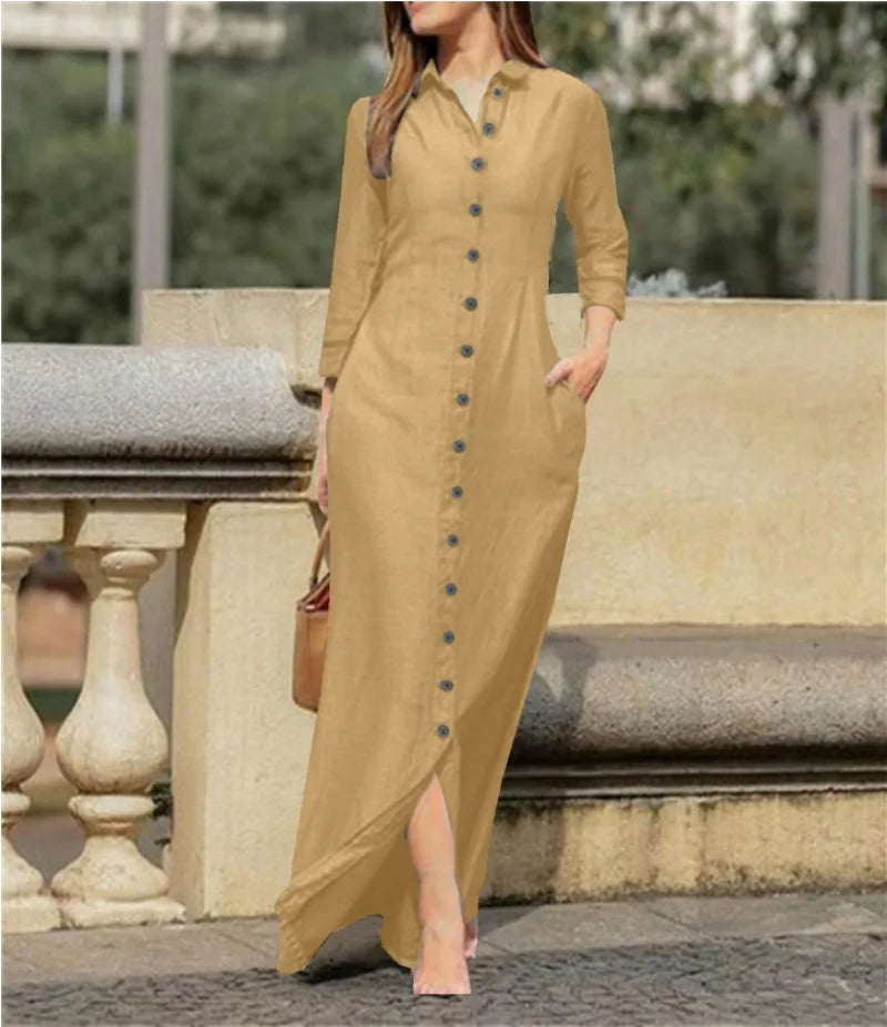 Autumn Women's Clothing Style Elegant Fashionable Neutral Style Long Sleeved Lapel Cardigan Solid Color Long Cotton Linen Dress