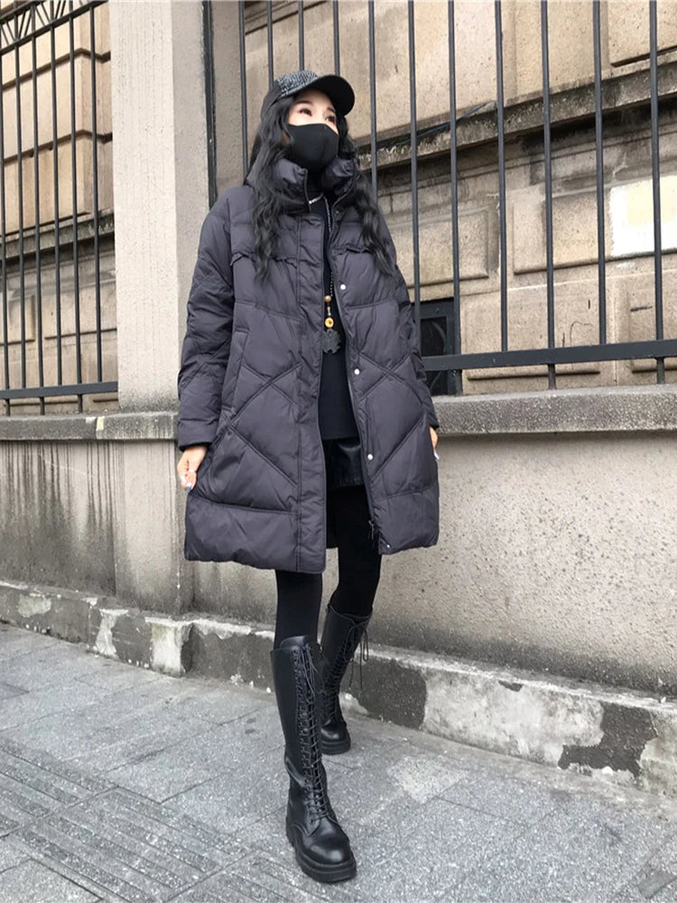 Winter Coats White Duck Down Puffer Jacket Women Medium Long Hooded Keep Warm Large Loose Thick Retro Warm Outwear Down Jackets
