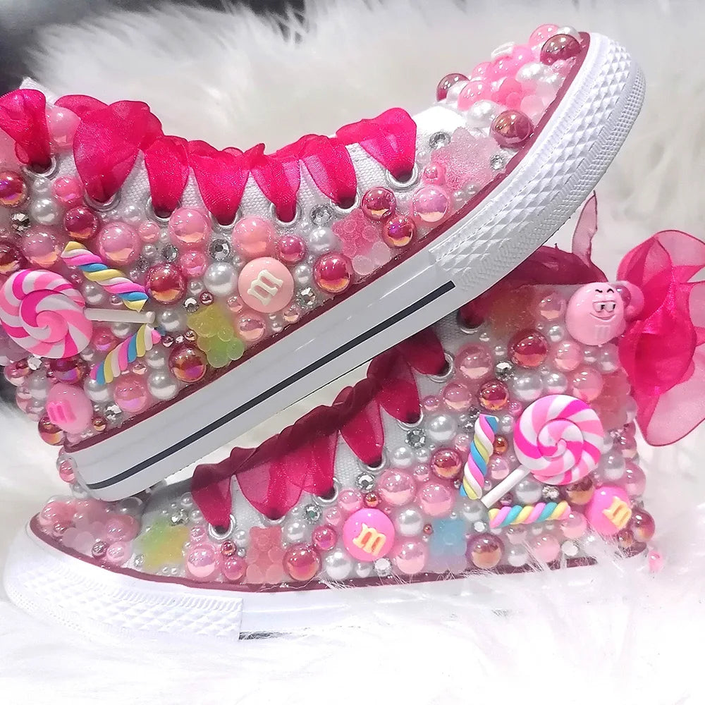 Handmade Rhinestones Bling Girls Womens Kids And Mother Candy Canvas Shoes Pearls Sneakers For Girl Birthday Party Wedding