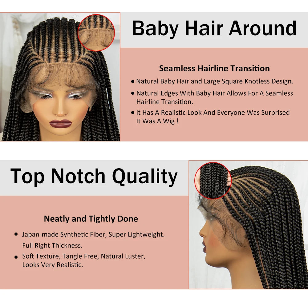 Full Lace Cornrow Braided Wigs 36inch Synthetic Natural Box Braided Lace Wigs with Baby Hair for Black Women