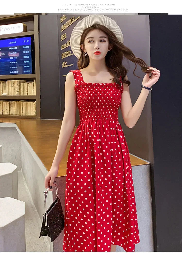 robe femme Summer Polka Dot Womens Dresses Elegant Square Neck Sleeveless Chiffon Long Dress Super Discount vestidos para mujer