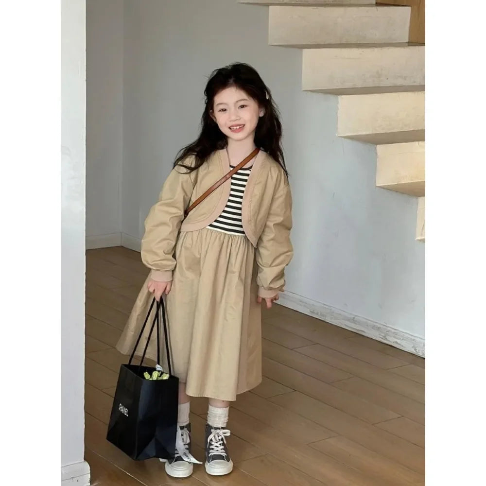 4 5 7 9 11 13-year-old Girl's Casual Clothes 2025 Autumn New Suspender Striped Vest Dress+khaki Jacket Two-piece Set