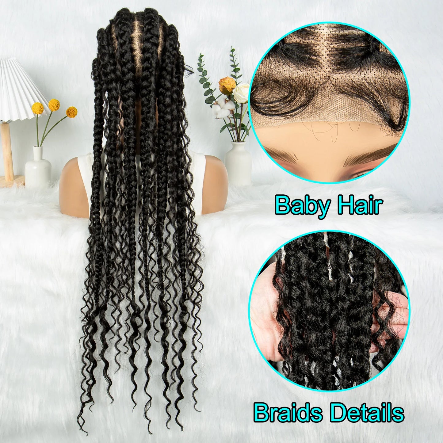 Cornrow Braided Wigs with Curly Ends Knotless Lace Frontal Braids Wig Synthetic Full Lace Braided Wigs with Baby Hair for Women