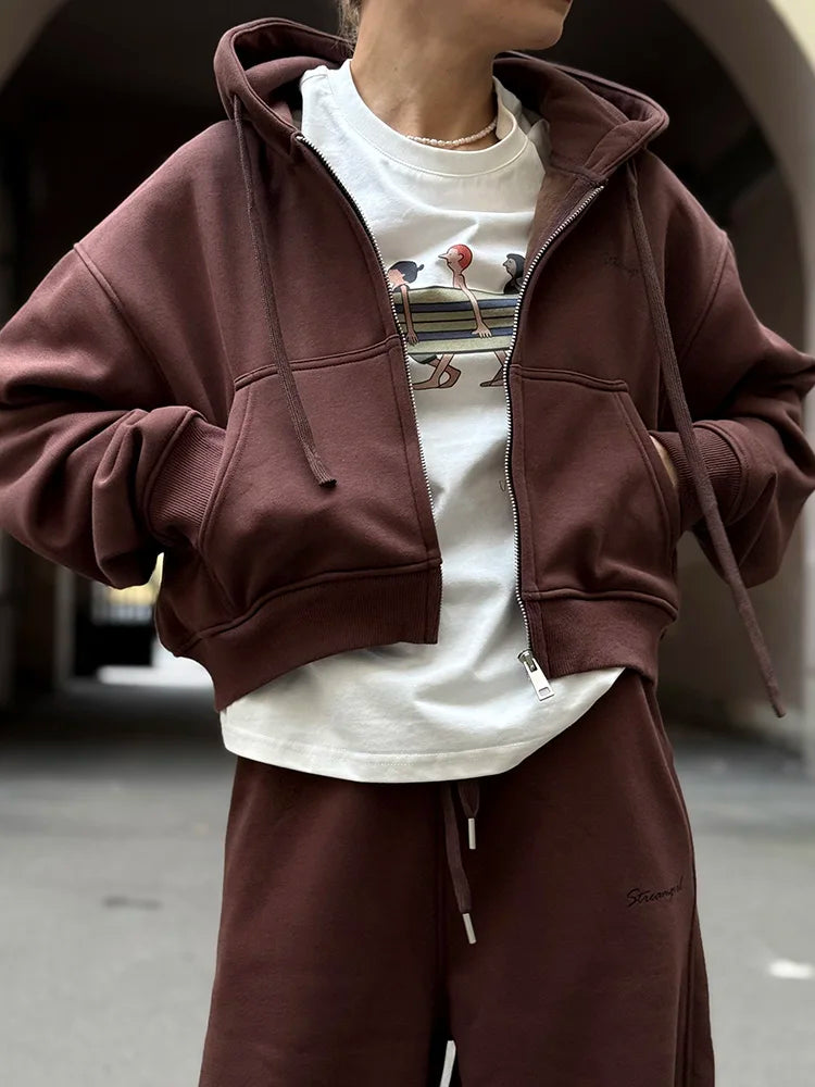 Women Tracksuits Winter Fleece Sweatsuit Brown Warm Crop Zipper Hoodies And Sweatpants Set For Women 2 Piece Velvet Pants Sets