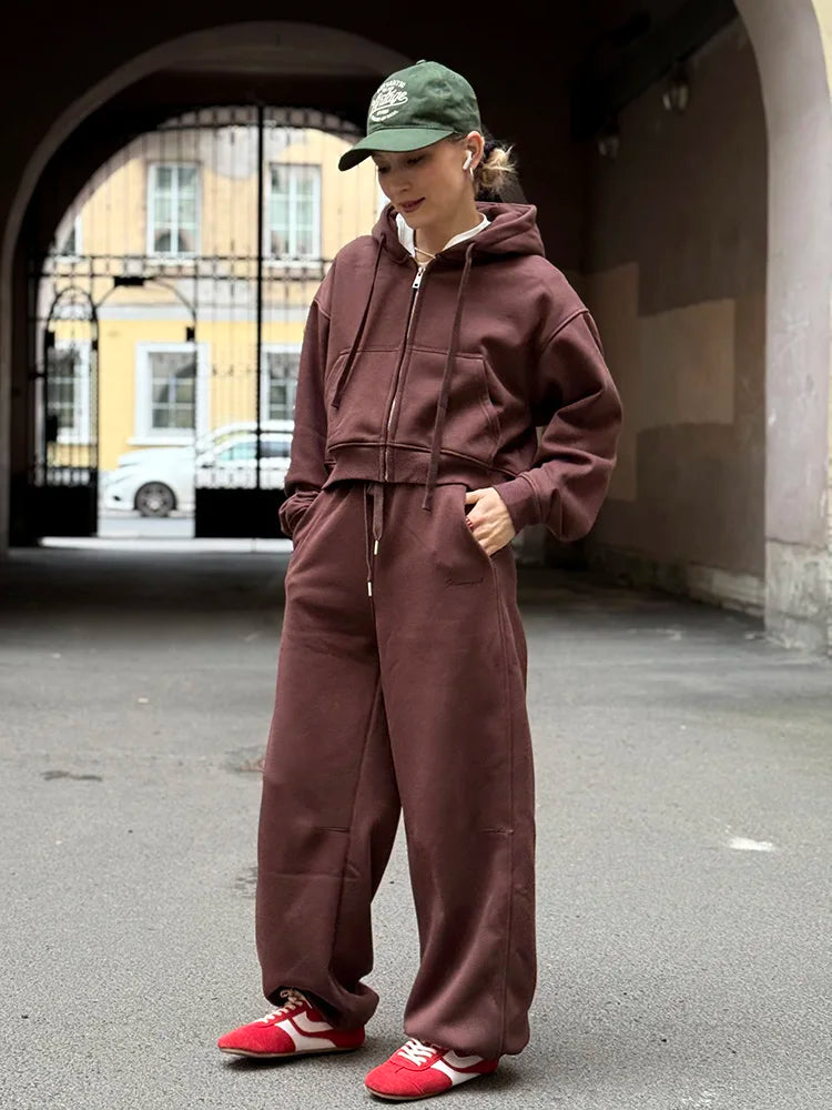 Women Tracksuits Winter Fleece Sweatsuit Brown Warm Crop Zipper Hoodies And Sweatpants Set For Women 2 Piece Velvet Pants Sets