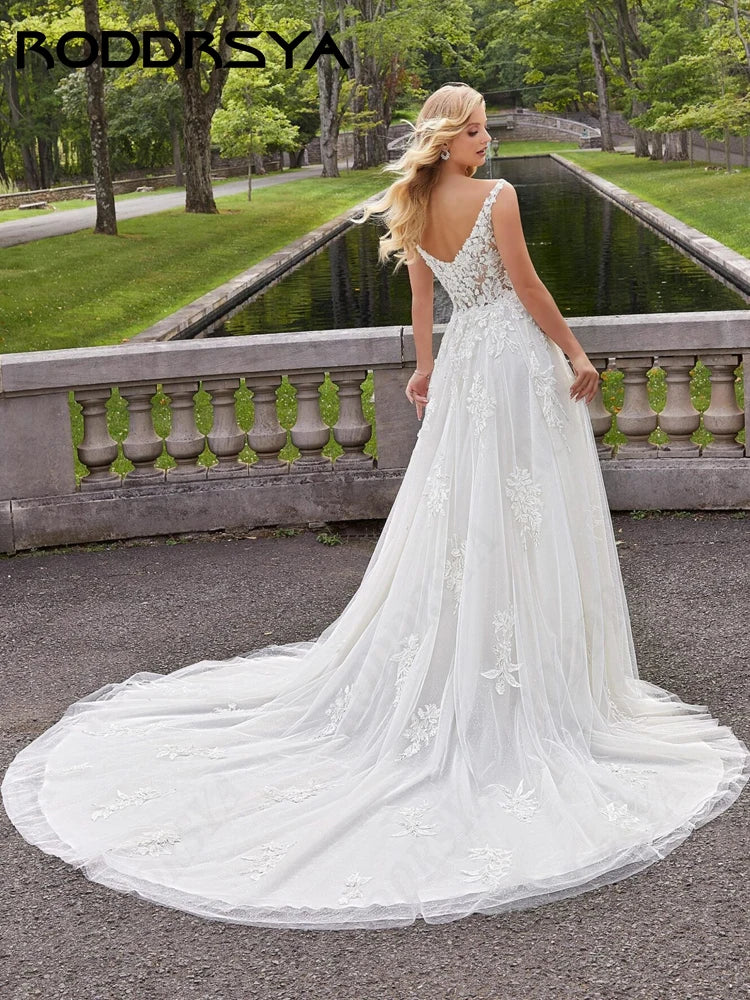 RODDRSYA Vintage Tulle V-Neck Wedding Dresses For Women Luxury Lace A-line Backless Bridal Party Appliques Robe De Soirée 2024