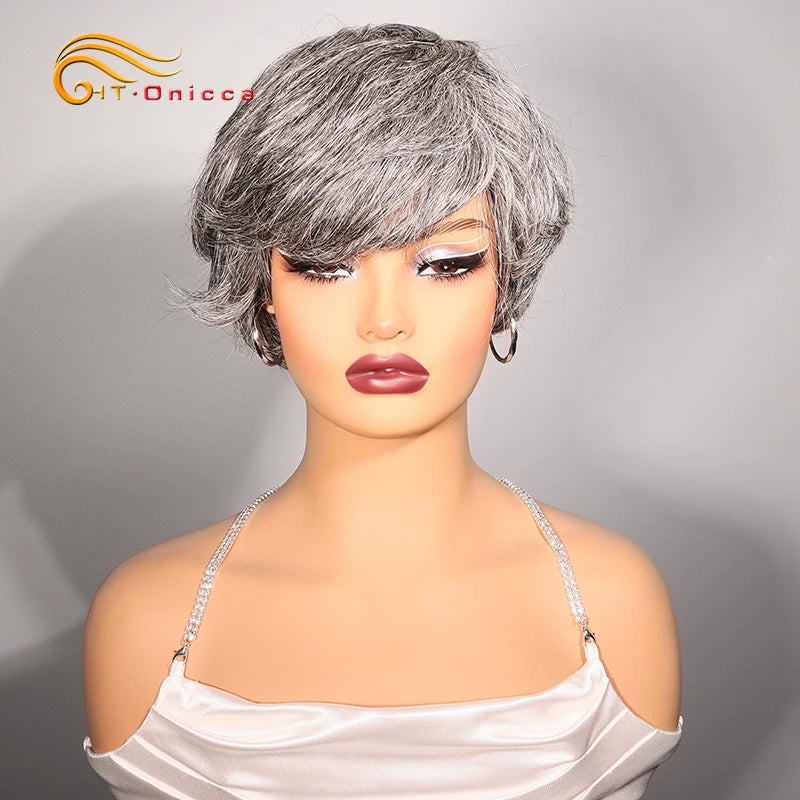 Grey Human Hair Wigs Short Pixie Cut Wig Human Hair For Black Women Machine Made Wigs With Bangs Colored Short Bob Wigs