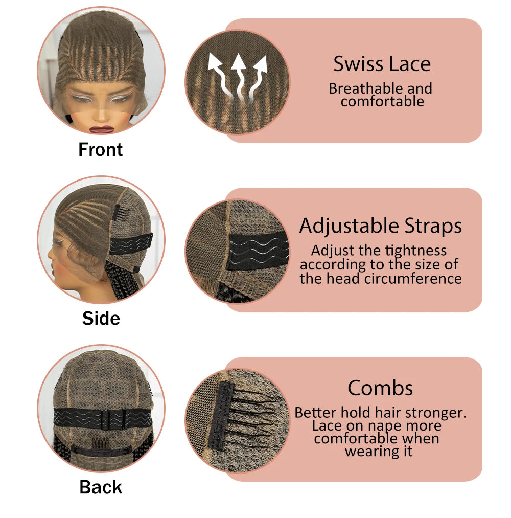 Full Lace Cornrow Braided Wigs 36inch Synthetic Natural Box Braided Lace Wigs with Baby Hair for Black Women