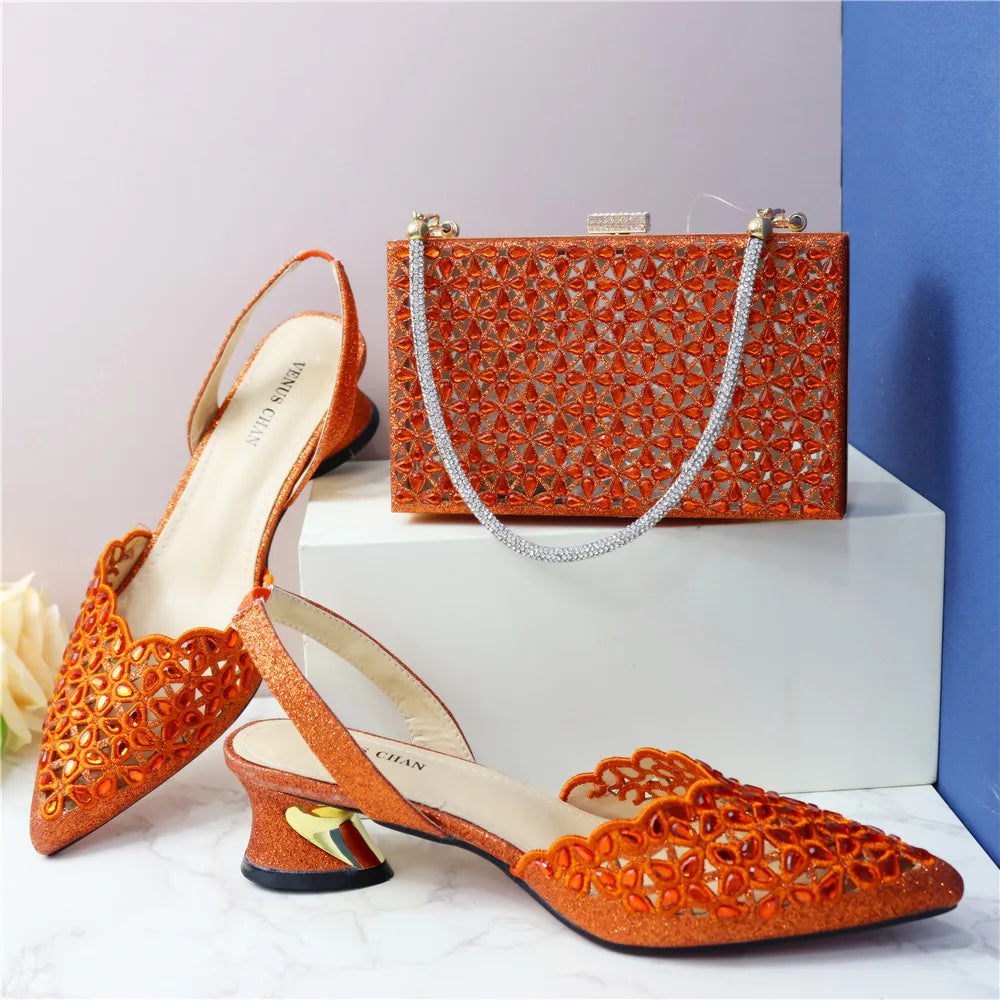 Ladies Italian High Heel and Bag Set Golden Color Italian Shoe with Matching Bag Set 2024 Nigerian Shoes and Bag Set for Party