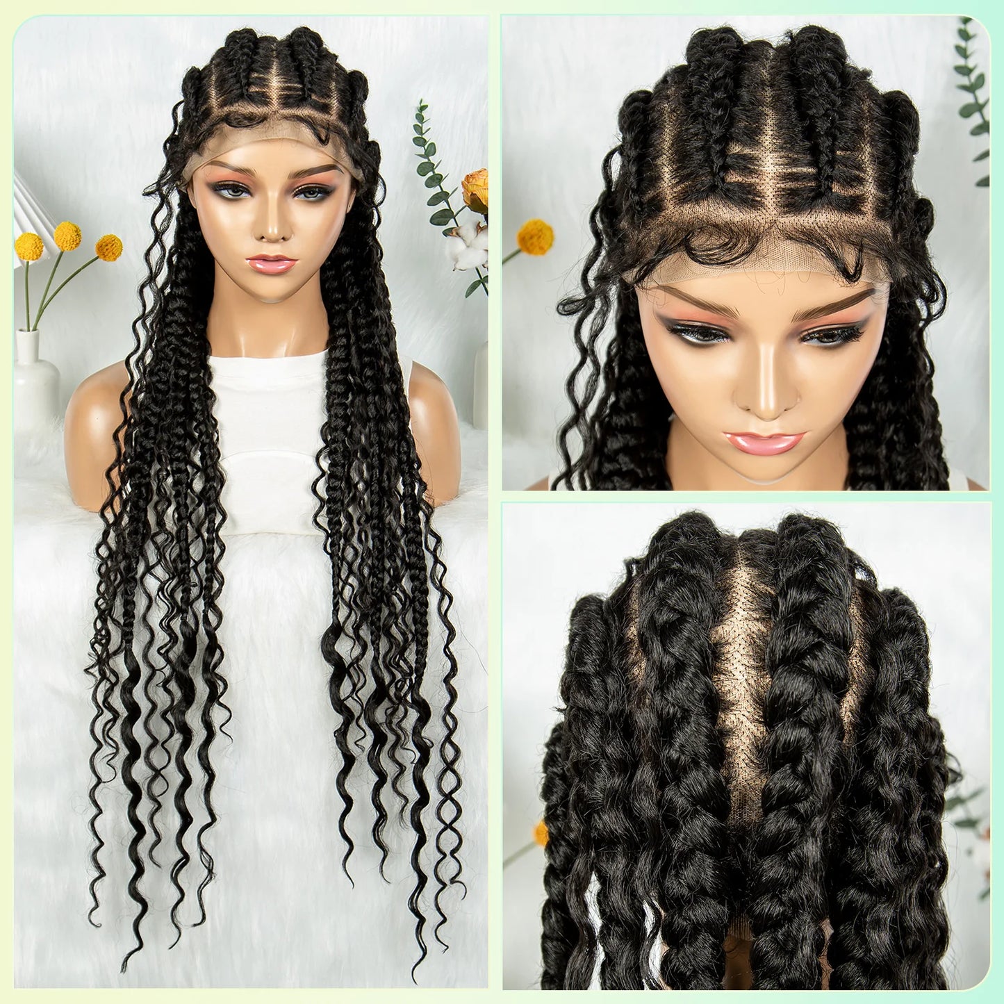 Cornrow Braided Wigs with Curly Ends Knotless Lace Frontal Braids Wig Synthetic Full Lace Braided Wigs with Baby Hair for Women