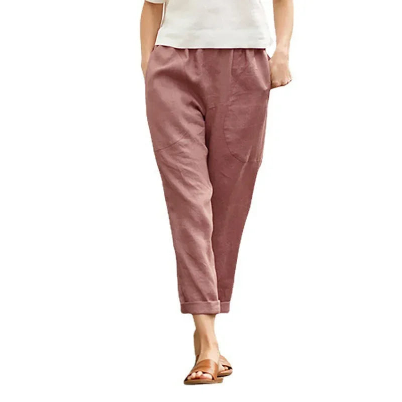 Spring Autumn Ladies Casual Cotton Linen Loose Slim Straight Leg Harem Pants Large Size Nine Points Seven Points Five Points