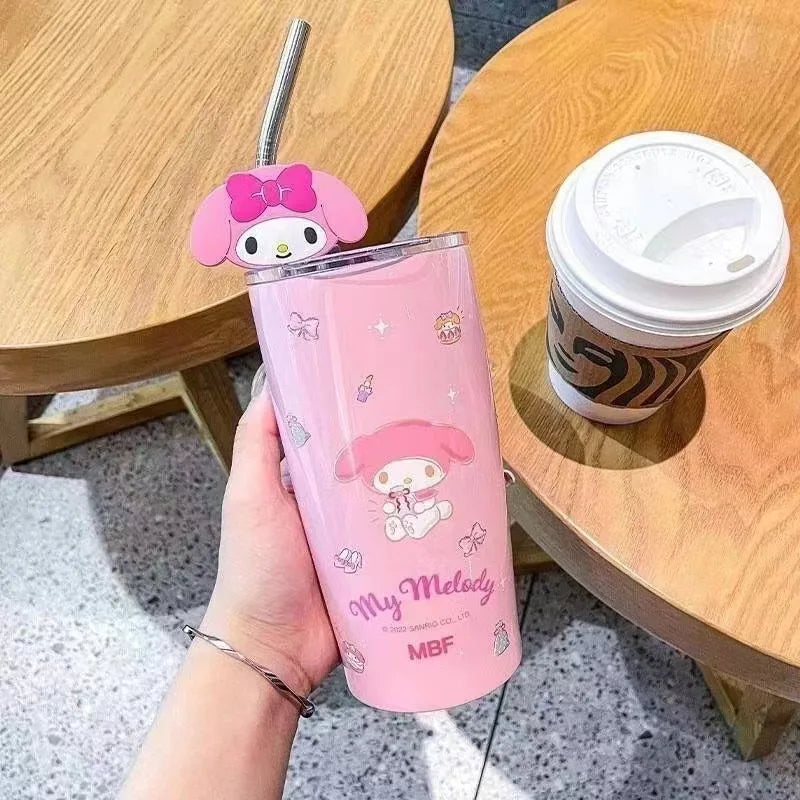 600ML Sanrio thermos cup kawaii hello Kitty kuromi melody student children gift anime cartoon cute portable straw large capacity