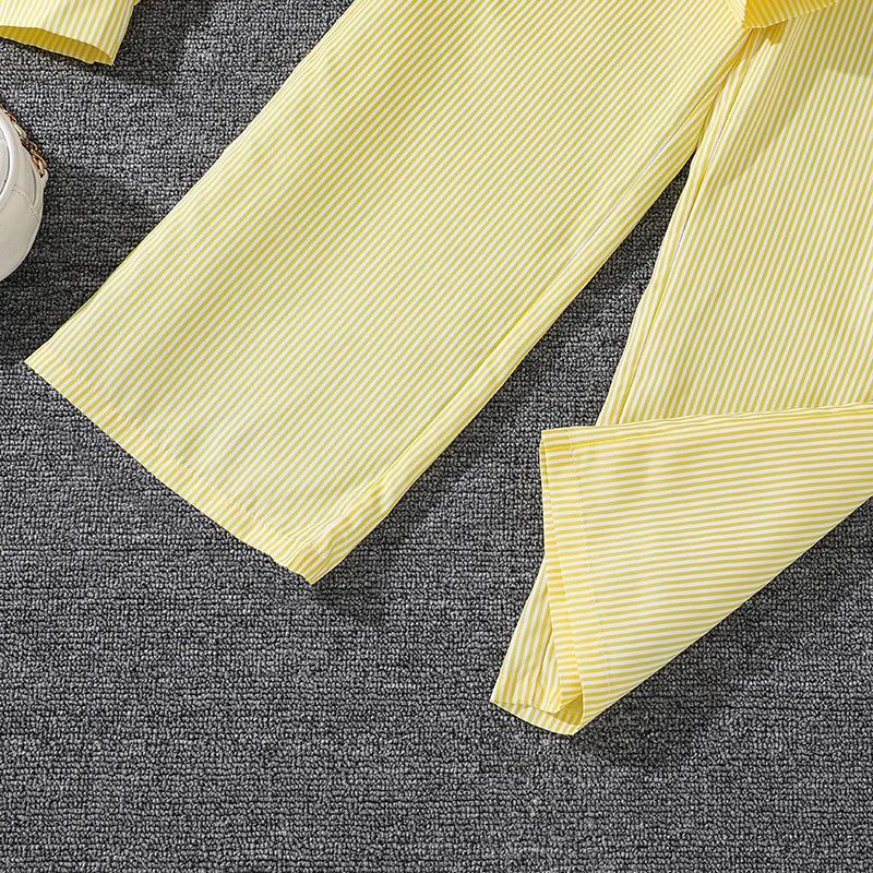 Spring Hot Sale Kids Outfit 4-12 Years Girls Striped Long Sleeve Chemise + Casual Loose Straight Leg Pants Shirt Suit 2Pcs Set