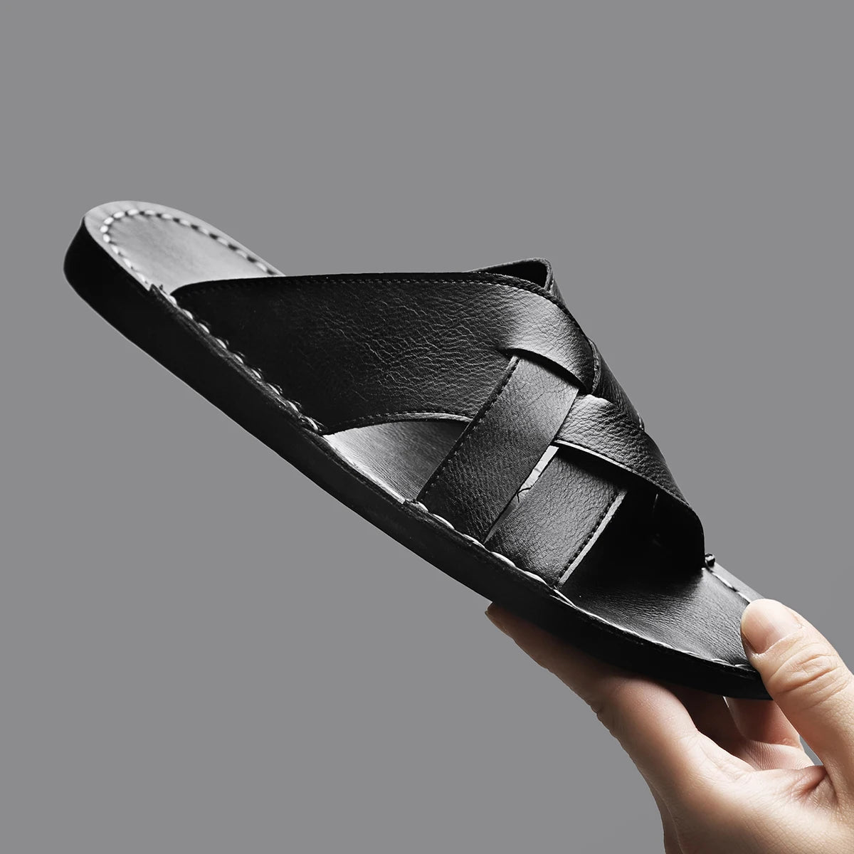 Summer Mens Flat Leather Slippers Slides Slip-on Sandals Thin Soles Retro Style Anti-skid Breathable Comfortable Big Size 48 49