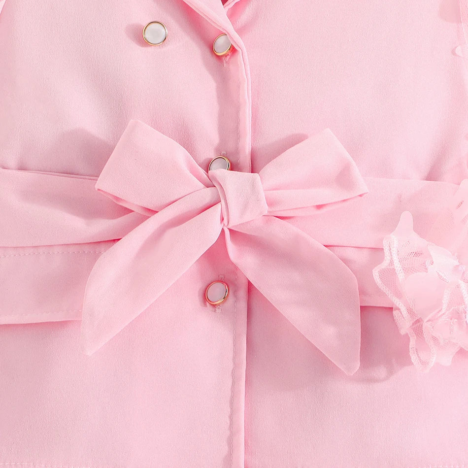 Children Clothing Stylish Girls Kids Autumn Winter Long Sleeve Bow-Tie Mesh-Sleeved Suit Pant Set Everyday Wear Children Sets