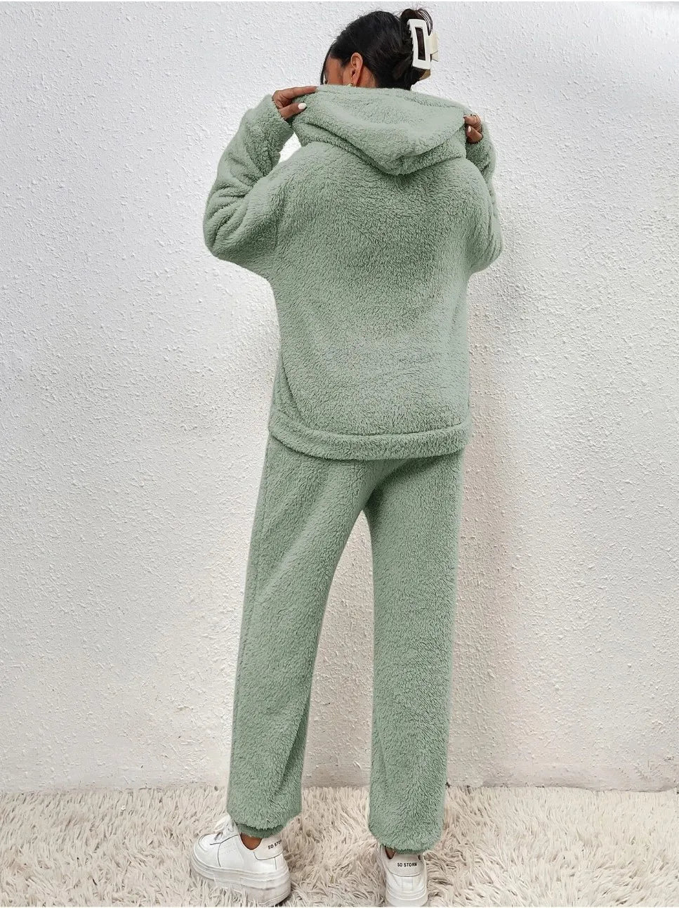 Autumn Winter Fashion Women Casual Hooded Sweatshirt Leg Pants 2 Piece Set Warm Furry Plush Trousers Suit Female Outfit