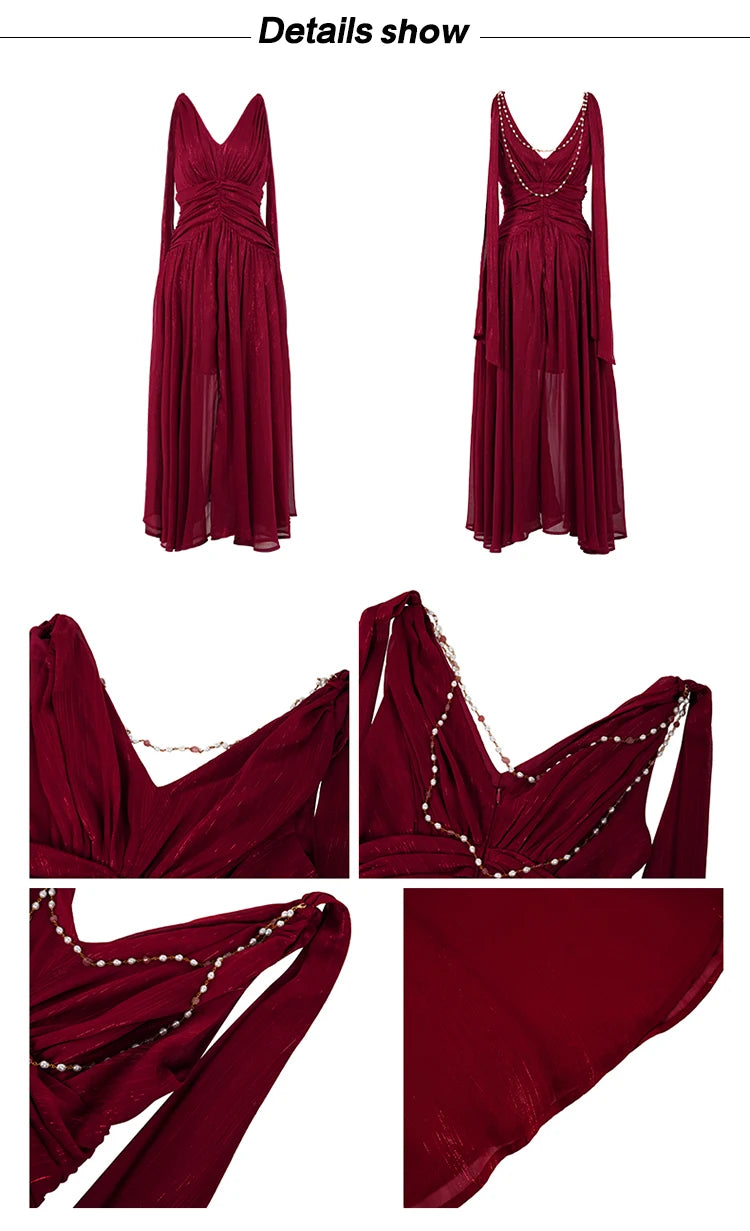 New Summer Chiffon Bright Silk Red Gown Evening Dress Women Clothes Elegant Sexy Tank V-Neck A-Line Maxi Robe Party Prom Vestido