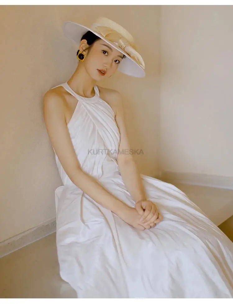 Luxury French White Satin Trailing Bride Wedding Dress Sexy Halter Backless Ball Gown Wedding Evening Prom Dresses for Women