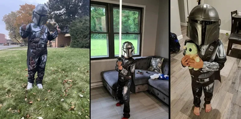 Costume de cosplay d'armure de chasseur de rebond de film, masque de héros souriant, combinaison d'Halloween, habillage, costume