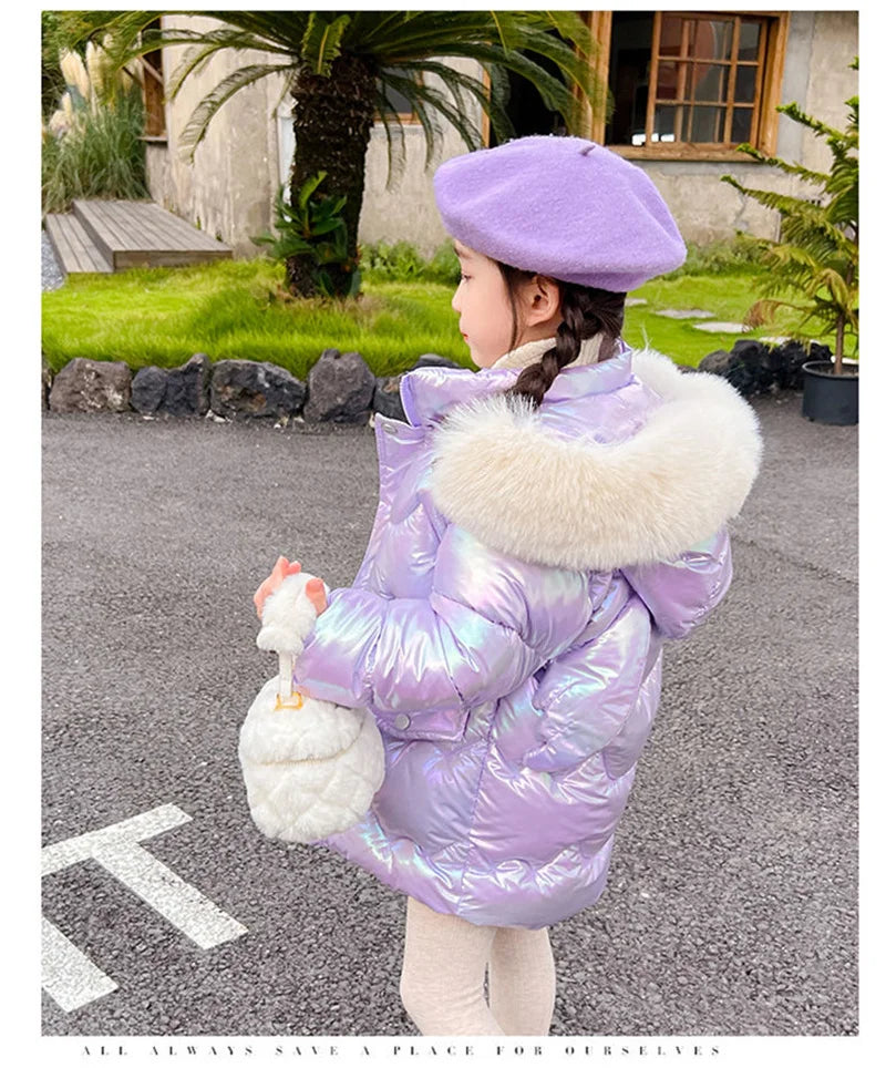 New Winter Coats Girls Warm Long Down Jackets Kids Fashion Unicorn Shiny Waterproof Parka Children Fur Collar Hooded Outerwear