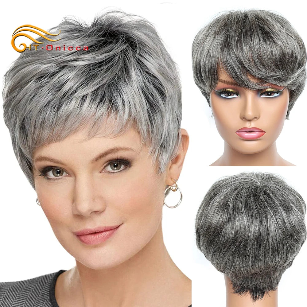 Grey Human Hair Wigs Short Pixie Cut Wig Human Hair For Black Women Machine Made Wigs With Bangs Colored Short Bob Wigs