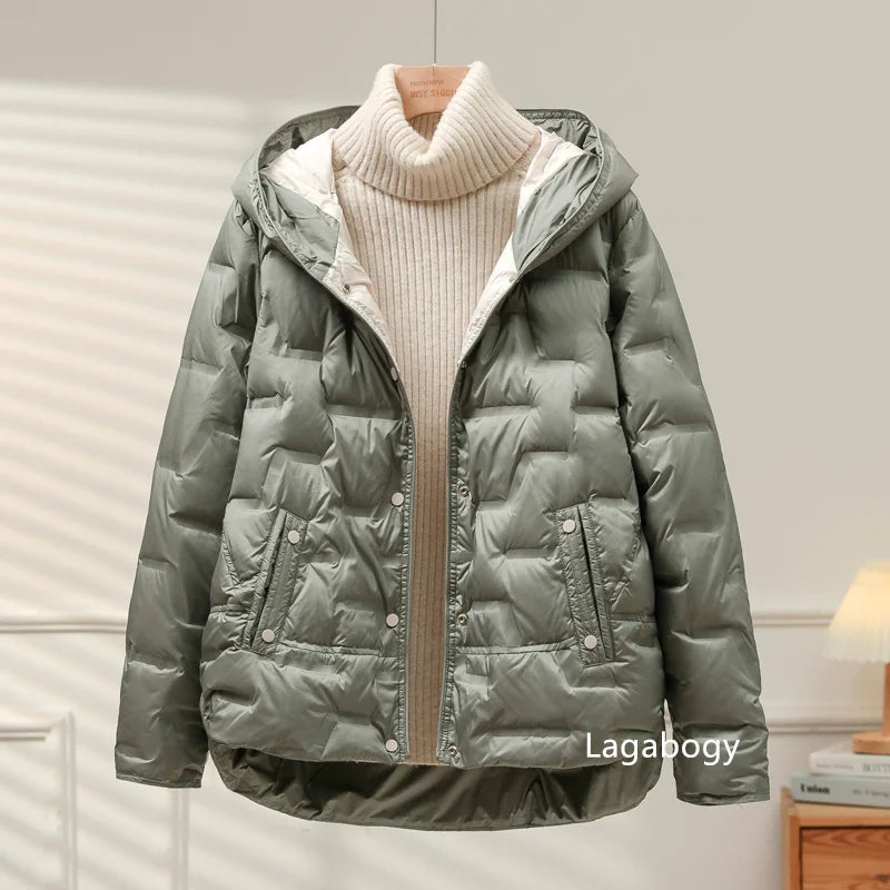 Lagabogy 2025 Autumn Winter Women White Duck Down Coat Casual Single Breasted Hooded Jacket Female Light Puffer Parka Outwear