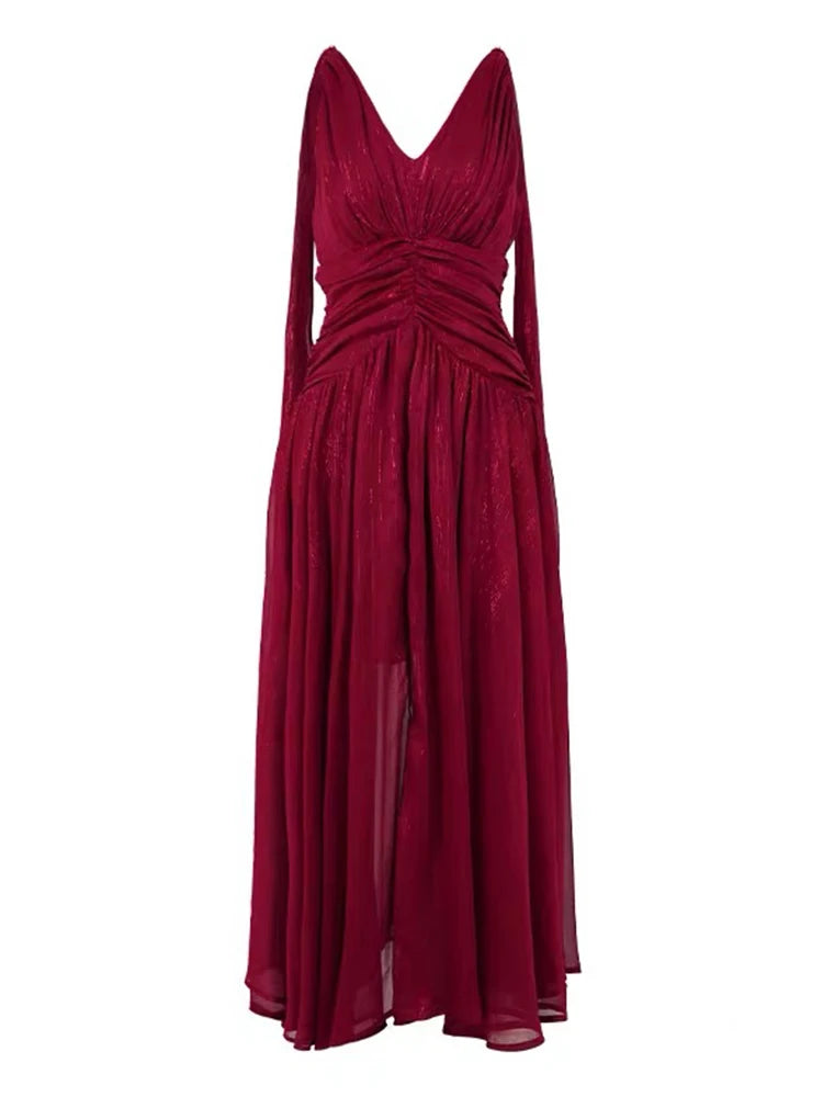 New Summer Chiffon Bright Silk Red Gown Evening Dress Women Clothes Elegant Sexy Tank V-Neck A-Line Maxi Robe Party Prom Vestido