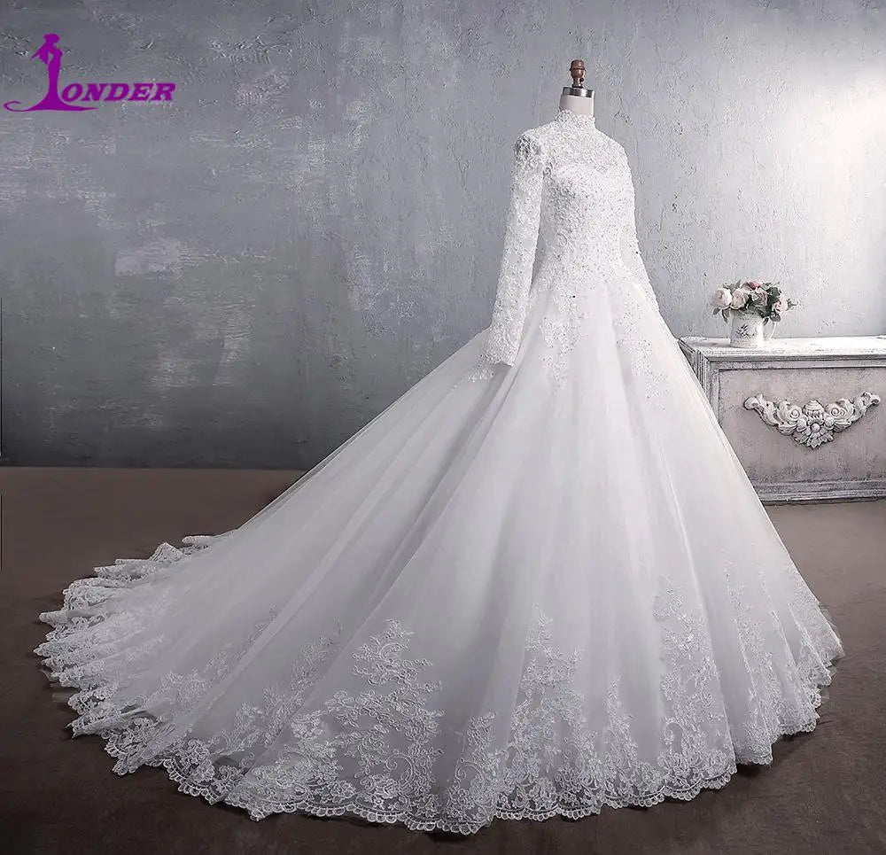 Muslim Wedding Dress 2024 Elegant High Neck With Train Princess Bride Dress Luxury Lace Wedding Gown Customized Vestido De Noiva