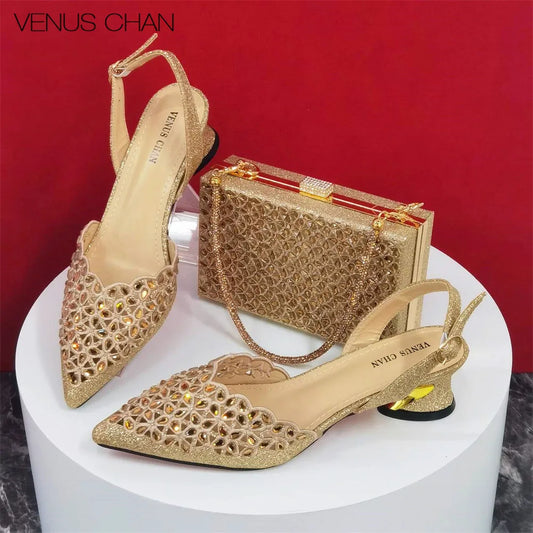 Ladies Italian High Heel and Bag Set Golden Color Italian Shoe with Matching Bag Set 2024 Nigerian Shoes and Bag Set for Party