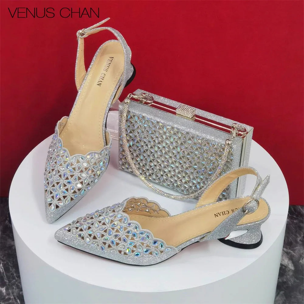 Ladies Italian High Heel and Bag Set Golden Color Italian Shoe with Matching Bag Set 2024 Nigerian Shoes and Bag Set for Party