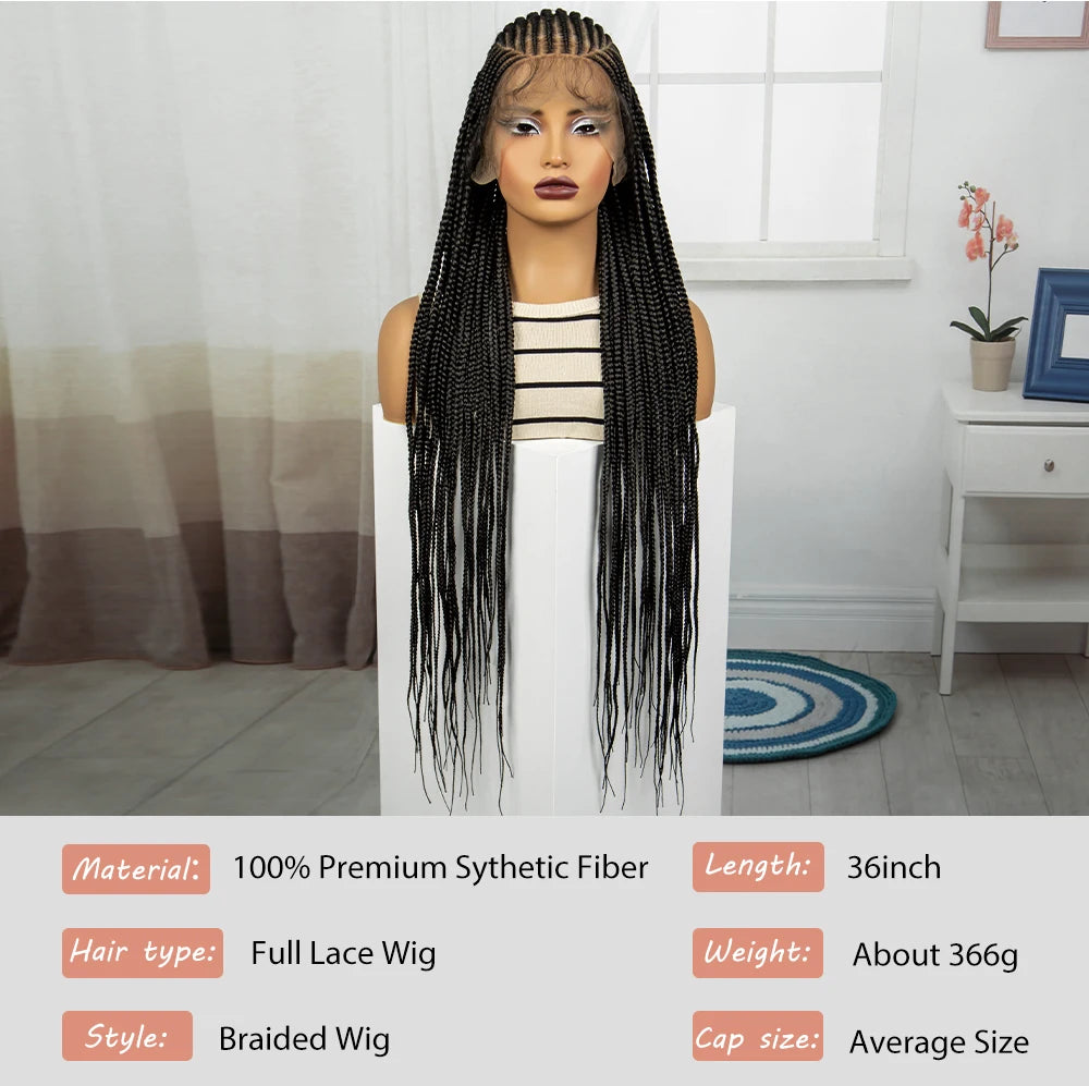 Full Lace Cornrow Braided Wigs 36inch Synthetic Natural Box Braided Lace Wigs with Baby Hair for Black Women